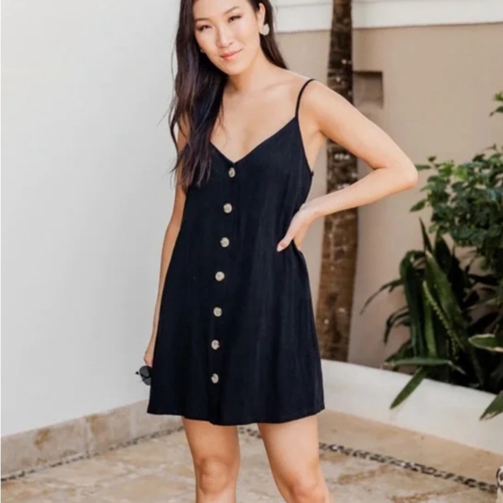 Pink Lily Hold You Dear Black Linen Blend Button Front Pocket Dress / Medium